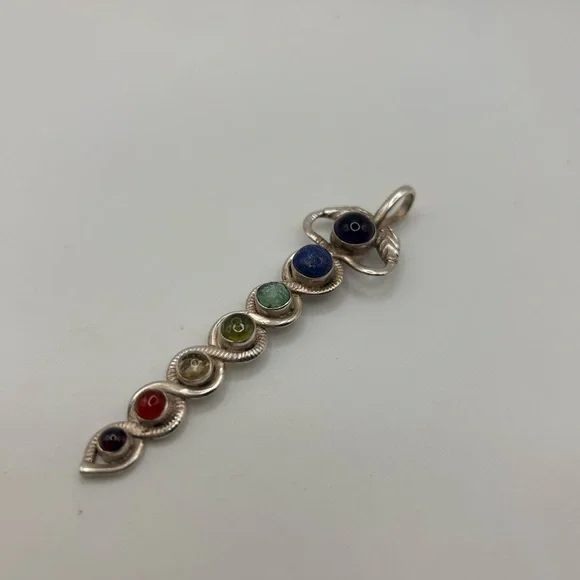 Multi-Gemstones Sterling Silver 925 Long Pendant Turquoise, Amethyst, Lapis... - Picture 1 of 6